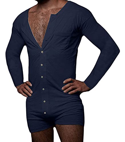 Panegy Herren Jumpsuit Overall Pyjama Onesie Einteiler Langarm Hausanzug Shorts Ganzanzug Schlafanzug von Panegy