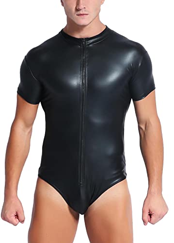 Panegy Herren Kunstleder Overall Glänzend Leder Body Pole Dance Leotard Erwachsene Onesie Singlet, Kurzer Gymnastikanzug, 4X-Large von Panegy