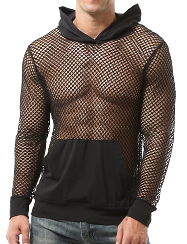 Panegy Herren Langarm Hoodie Transparent Mesh Hemd Sexy Streetwear Muskeln Durchsichtig Netzstruktur Shirt Größe XXL-Schwarz von Panegy