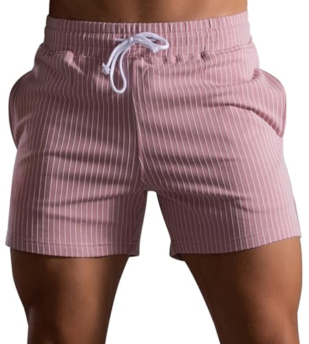 Panegy Herren Laufshorts Baumwolle Jogging Shorts Slim Fit Sweatshorts Männer Hose Kurz Gestreift Rosa Größe 4XL von Panegy