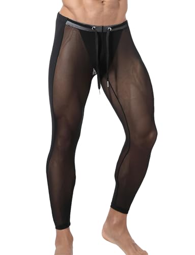 Panegy Herren Mesh Leggings Transparent Netz Hose mit Kordelzug Durchsichtige Muskel Leggings Sexy Clubwear Größe XL-Schwarz von Panegy