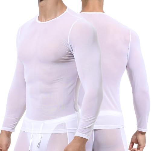 Panegy Herren Mesh Shirts Transparent Netz Hemd Langarm Durchsichtige Muskel Top Sexy Oberteile Clubwear Größe M-Weiß von Panegy