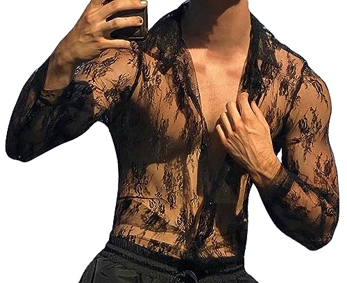 Panegy Herren Netz Hemden Transparent Langarm Top Durchsichtige Netzshirt Mesh Reizwäsche Shirts Hersteller 3XL/EU Größe XXL-Schwarz 1 von Panegy