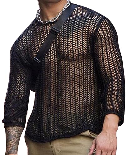 Panegy Herren Netz Hemden Transparent Langarm Top Durchsichtige Netzshirt Mesh Reizwäsche Shirts Hersteller L/EU Größe M-Schwarz 2 von Panegy