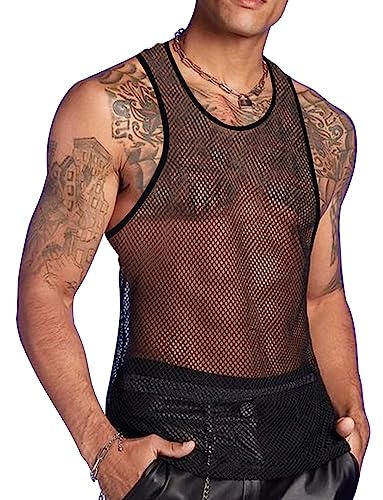 Panegy Herren Netzunterhemd Mesh Ärmellos Netz Tank Tops Durchsichtige Reizwäsche T-Shirt Hersteller 3XL/EU Größe XL-Schwarz 3 von Panegy