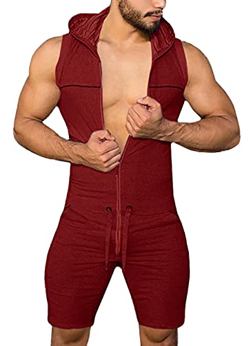 Panegy Herren Overall Jumpsuit Jogging Anzug Sportanzug Onesie Trainingsanzug Ärmellos Fitness Shirt Kurz Hosen mit Tasche Kapuzen von Panegy