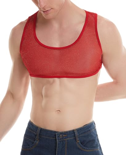 Panegy Herren Shine Tanktop Transparent Luftig Unterhemd Netzunterhemd Muskel Sparkle Oberteile Größe L-B-Rot von Panegy