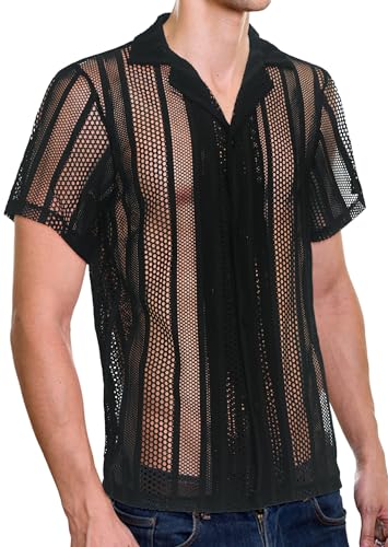 Panegy Herren Spitze Bluse Netzunterhemd Transparent Top Mesh Reizwäsche T-Shirt Sexy Party Clubwear Hersteller XL/EU Größe L-Schwarz 7 von Panegy