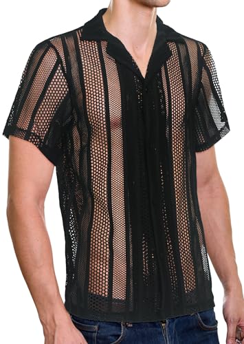 Panegy Herren Spitze Bluse Netzunterhemd Transparent Top Mesh Reizwäsche T-Shirt Sexy Party Clubwear Hersteller XXL/EU Größe XL-Schwarz 7 von Panegy