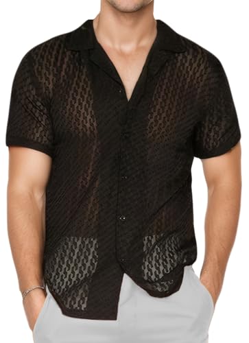 Panegy Herren Spitze Hemd Lace Bluse Mesh Netzshirt Transparent Top Kurzarm Durchsichtiges Oberteile Sommer Lässig Freizeithemd Hellschwarz S von Panegy