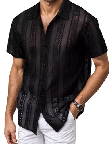 Panegy Herren Spitze Hemd Lace Bluse Mesh Netzshirt Transparent Top Kurzarm Durchsichtiges Oberteile Sommer Lässig Freizeithemd Schwarz XXL von Panegy