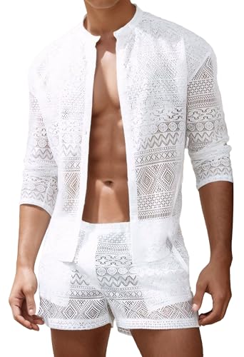 Panegy Herren Spitzen Hemd Shorts Set Transparen Mesh Bluse Button Down Langarm Netz Shirts+Kurze Hose Hersteller 3XL/EU Größe XXL-Weiß Panegy Herren Spitzen Hemd Shorts Set Transparen Mesh Bluse Button Down Langarm Netz Shirts+Kurze Hose Hersteller 3XL/EU Größe XXL-Weiß von Panegy