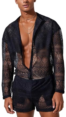 Panegy Herren Spitzen Hemd Shorts Set Transparen Mesh Bluse Button Down Langarm Netz Shirts+Kurze Hose Hersteller XL/EU Größe L-Schwarz von Panegy