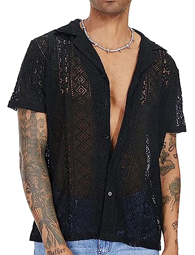 Panegy Herren Spitzenhemd Kurzarm Freizeithemd Durchsichtiges T-Shirt V-Ausschnitt Luftig Tops Hersteller L/EU Größe M-Schwarz von Panegy