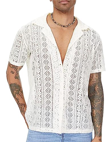 Panegy Herren Spitzenhemd Kurzarm Freizeithemd Durchsichtiges T-Shirt V-Ausschnitt Luftig Tops Hersteller S/EU Größe XS-Weiß von Panegy