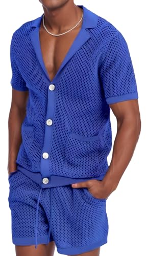 Panegy Herren Transparen Netz Hemd Shorts Set Mesh Button Down T-Shirt+Kurze Hose Luftig Kleidungsets Hersteller L/EU Größe M-Blau von Panegy