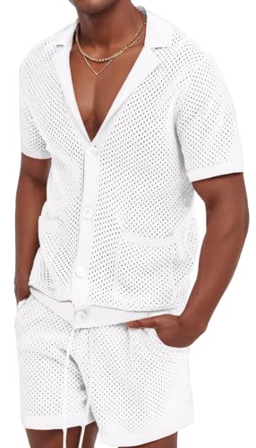 Panegy Herren Transparen Netz Hemd Shorts Set Mesh Button Down T-Shirt+Kurze Hose Luftig Kleidungsets Hersteller M/EU Größe S-Weiß von Panegy