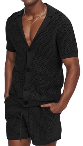 Panegy Herren Transparen Netz Hemd Shorts Set Mesh Button Down T-Shirt+Kurze Hose Luftig Kleidungsets Hersteller XXL/EU Größe XL-Schwarz von Panegy