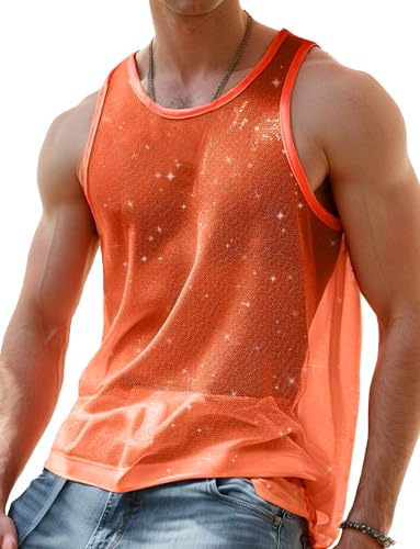 Panegy Herren Transparent Tank Top Durchsichtig Unterhemd Mesh Muskelshirts Ärmellos T-Shirt Party Clubwear Orange M von Panegy