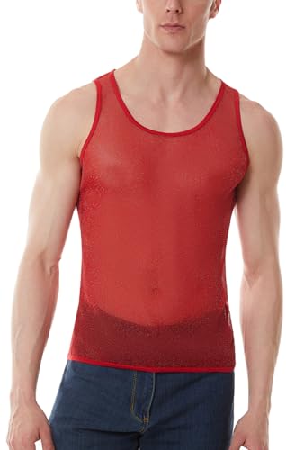Panegy Herren Transparent Tank Tops Durchsichtig Shine Unterhemd Sport Muskelshirts Mesh Ärmellos T-Shirt Größe L-A-Rot von Panegy