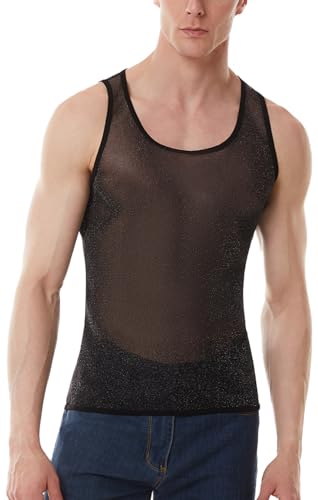 Panegy Herren Transparent Tank Tops Durchsichtig Shine Unterhemd Sport Muskelshirts Mesh Ärmellos T-Shirt Größe M-A-Schwarz von Panegy