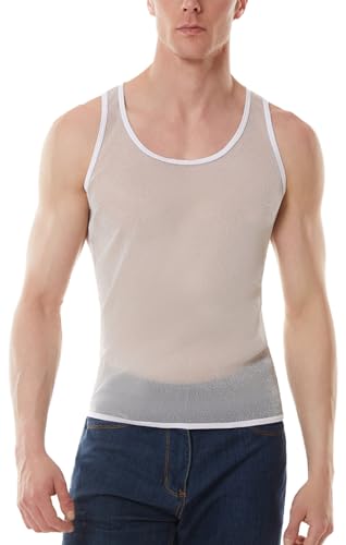 Panegy Herren Transparent Tank Tops Durchsichtig Shine Unterhemd Sport Muskelshirts Mesh Ärmellos T-Shirt Größe M-A-Weiß von Panegy
