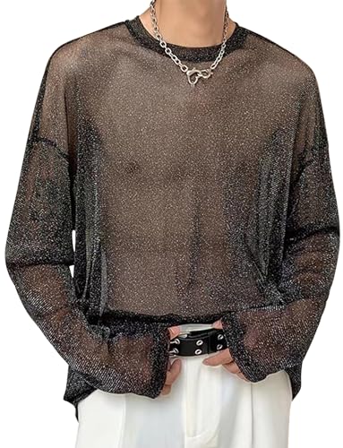 Panegy Herren Transparent Top Langarm Netzunterhemd Spitze Bluse Mesh Reizwäsche Slim Shirts Clubwear Hersteller L/EU Größe S-Schwarz 3 von Panegy