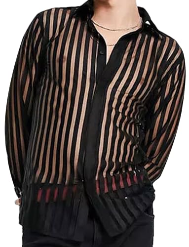 Panegy Herren Transparent Top Langarm Netzunterhemd Spitze Bluse Mesh Reizwäsche Slim Shirts Clubwear Hersteller 3XL/EU Größe XXL-Schwarz 1 von Panegy