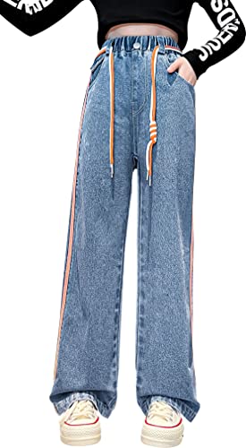 Panegy Jeans für Teenager Mädchen hohe elastische Taille weites Bein lose gerade Baggy Jeans Mode Gewaschene Hose mit orange gestreiften Trim Seitentaschen Jogginghose Blau Alter 5-6 Jahre von Panegy