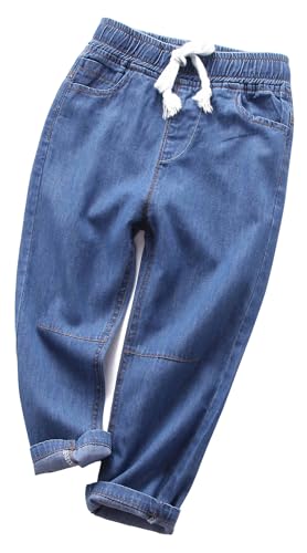 Panegy Kinder Jeans Hosen Jungen Mädchen Elastische Taille Baumwollhose Weiche Stretch Denim Hosen Sommer Mode Jugend Schule Casual Hosen Dunkelblau 5-6 Jahre von Panegy