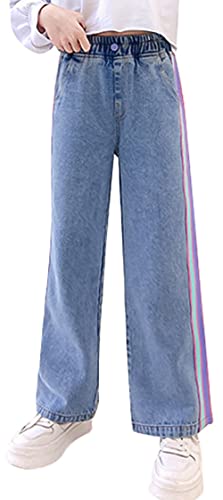 Panegy Kinder Jeans Largee Mädchen Weites Bein Baggy Hose Mode Regular Fit Straight Leg Jeans Casual Elastic Waist Hose Cotton Baggy Jeans Blau Large von Panegy