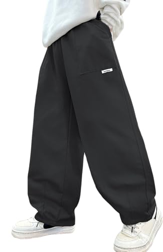 Panegy Kinder Jungen Hosen Elastisch Hohe Taille Cargo Jogger Lose Lässige Weite Beine Hosen Streetwear Baumwolle Track Sweatpants Hosen Schwarz 13-14 Jahre von Panegy
