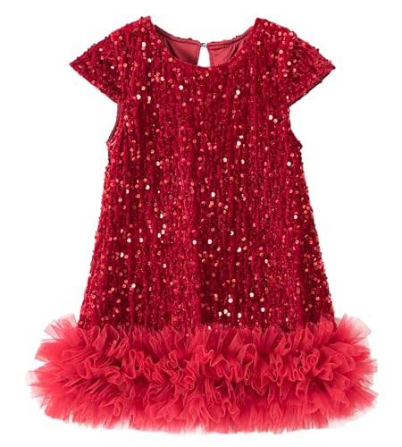 Panegy Kinder Mädchen A-Linie Ärmellos Glitzerkleid Partykleid mit Kunstpelzbesatz Paillettenkleid 5-6 Jahre Rot von Panegy