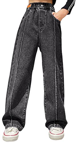 Panegy Kinderjeans Große Mädchen Weite Hose Elastische Taille Gerades Bein Jeans mit Tasche Mode Jeans für lässige Anlässe Schwarz 8-10 Jahre von Panegy