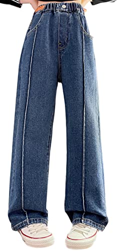 Panegy Kinderjeans Große Mädchen Weite Hosen Elastische Taille Gerades Bein Jeans mit Tasche Modische Jeans für legere Anlässe Blau 8-10 Jahre von Panegy
