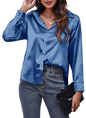 Panegy Lady Freizeithemden Glänzende Seide wie Blusen Satin Feste Oberteile Button-Down-Hemden für Frauen Langarmhemd für Büroarbeit Business Wear Blau S von Panegy