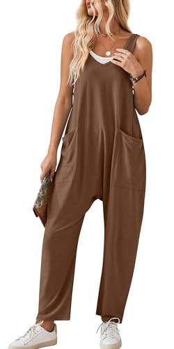 Panegy Latzhose für Frauen Lässige lockere Strampler Spielanzug Weites Bein Jumpsuit mit Taschen Latzhose Solid Cotton Suspender Jumpsuit Trousers Braun XXL von Panegy