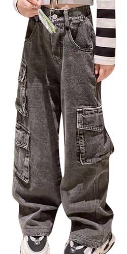 Panegy Mädchen Baggy Cargo Hose Elastisch Hohe Taille Gerade Weites Bein Streetwear Mode Gewaschen Bootcut Hose Baggy Lose Casual Jeans 13-15 Jahre von Panegy