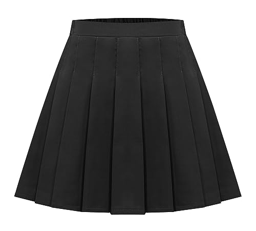 Panegy Mädchen Faltenrock mit hoher Taille Tennisrock Schuluniform mit Innenshorts Einfarbig Dehnbar Ausgestellt Tanzkleidung Halb Elastische Taille Mini Skort Flowy Schulkleidung Schwarz von Panegy