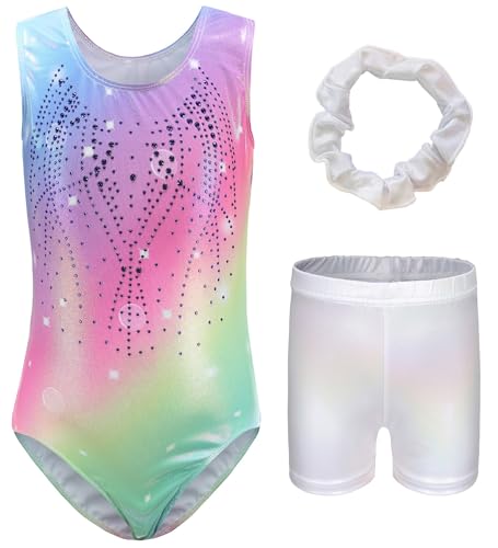 Panegy Mädchen Gymnastikanzug mit Shorts Kind Glänzende Trikots Dehnbar Ärmellos Tanz Outfit mit Haar Scrunchie Biketards Ein Stück Activewear Regenbogen von Panegy