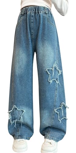 Panegy Mädchen Jeans Kinder Bootcut Ripped Retro Denim Hosen Elastische Taille Ripped Baggy Jeans Breites Bein Lose Causal Cargo Hosen Tuch Hellblau 10-11 Jahre von Panegy