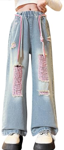 Panegy Mädchen Jeans Lose Distresses Löcher Stretchy Jeans mit Kordelzug Elastische Taille Weites Bein Baggy Hose Bootcut Ripped Retro Denim Hose Blau 10-11 Jahre von Panegy