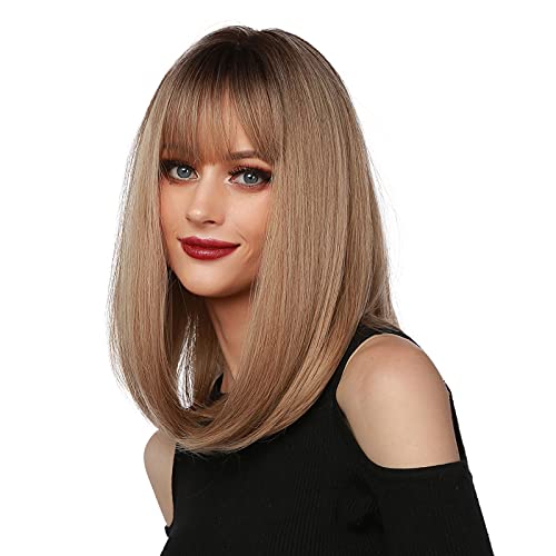 Panegy Mittellange Bob Glattes Haar Perücke Natürliche Synthetische Damen Wig mit Pony für Die Tägliche Cosplay Halloween Braun von Panegy