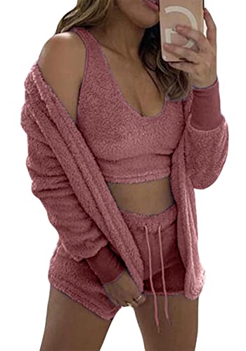 Panegy Pyjamas für Damen-Set, Nachtwäsche, Pyjama-Set, leichtes, Flauschiges Fleece, warmes, weiches Crop-Top-Shorts-Set, 3X-Large, Rosa von Panegy