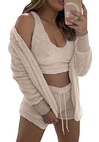 Panegy Pyjamas für Damen-Set, Nachtwäsche, Pyjama-Set, leichtes Flauschiges Fleece, warm, weich, Crop-Top, Shorts-Set, 3X-Large, Beige von Panegy