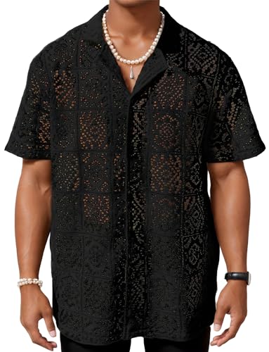 Panegy Spitzenhemd Herren Durchsichtig Sommerhemd Kurzarm Freizeithemd V-Ausschnitt Shirts Strandhemden Reisen Club Schwarz 2XL von Panegy
