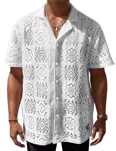 Panegy Spitzenhemd Herren Durchsichtig Sommerhemd Kurzarm Freizeithemd V-Ausschnitt Shirts Strandhemden Reisen Club Weiß 2XL von Panegy