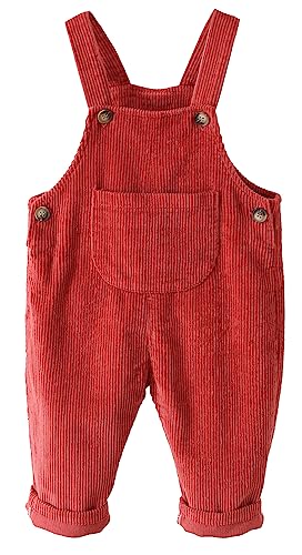 Panegy Unisex Baby Baumwoll-Latzhose Kleinkind Kord Gestreift Knopf Overall Einfarbig Lose Snap Neugeborenen Strampler Outfit Baby Latzhose Rot 12-18 Monate von Panegy