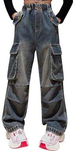 Panegy Weit geschnittene Baggy Jeans für Kinder Mädchen Mode Karierte Denimhosen mit Taschen Vintage Casual Streetwear Gewaschene Elastische Taille Hose Blau 11-12 Jahre von Panegy