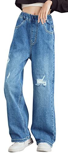 Panegy Zerrissene Jeans für Kinder Große Mädchen Jeans mit geradem Bein Lässige Jeans mit weitem Bein Niedlich Lose Stilvolle Hosen Regular Fit Denim Hosen mit Tasche 5X Large von Panegy